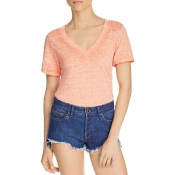 Free People Pearls Raw Edge Orange V-Neck Burnout T-shirt - Picture 1 of 6